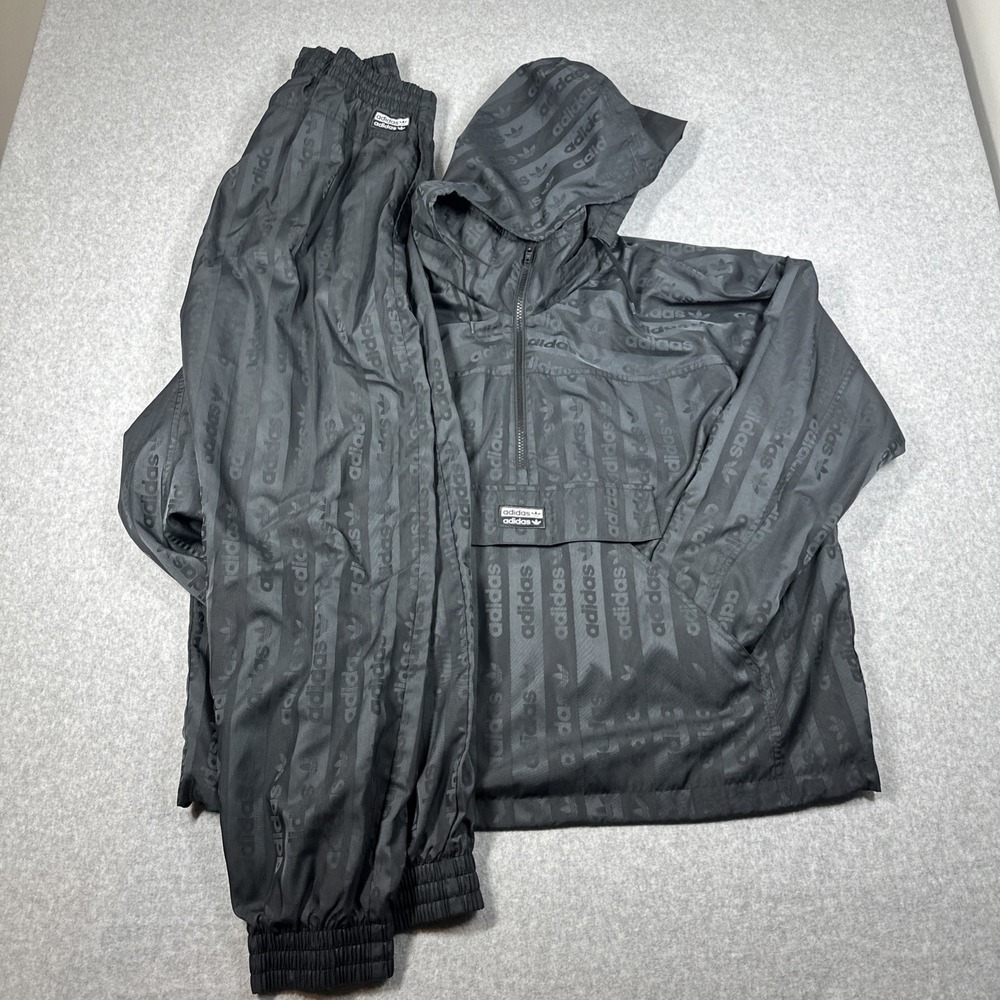 Adidas Track Jacket & Pants Men's Medium Black Logo All Over Print Hooded Lined